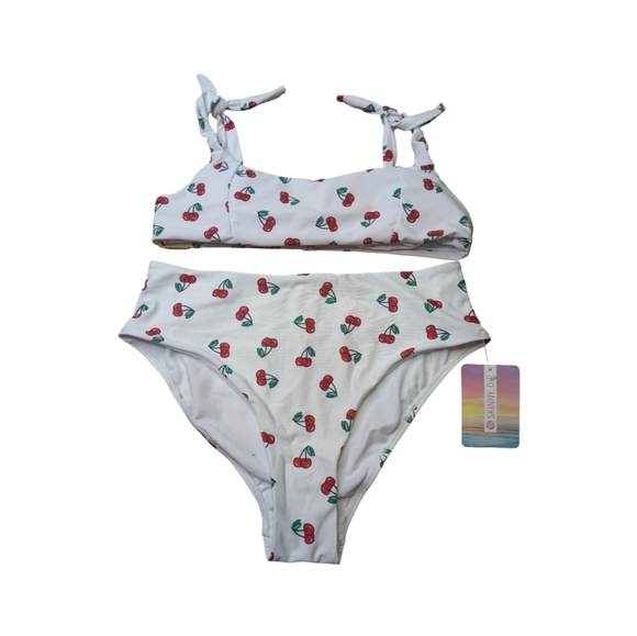 2/$25-Skinny Dip Cherry Print Y2K Vibes Highrise Bikini With Tie Top Size S/M - Picture 2 of 10